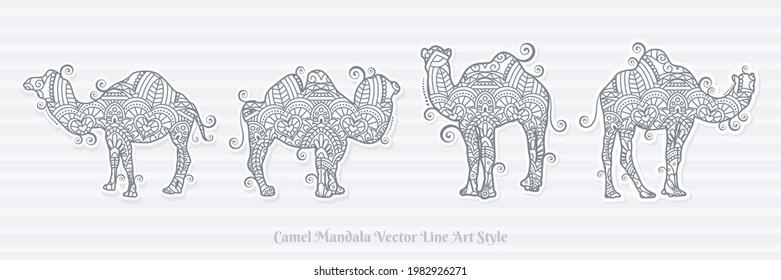 Set of zentangle Camel for printing and adult coloring book page, Vector illustration