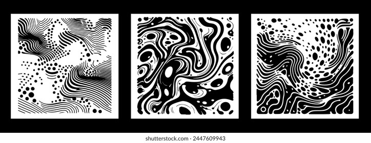 Conjunto de texturas de garabato zentangle con líneas líquidas y composición de gotas en colores blanco y negro. Ilustraciones vectoriales para diseño de póster y portada.