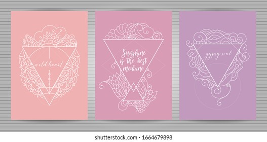 Im Mittelpunkt inspirierte das Set orientalischer Vektorillustration Boho-Postkarten mit doodlen Ornamenten und inspirierenden Zitaten.  