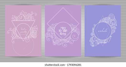Set of zentangle inspired oriental vector boho postcards with doodle ornaments and inspiring quotes.  