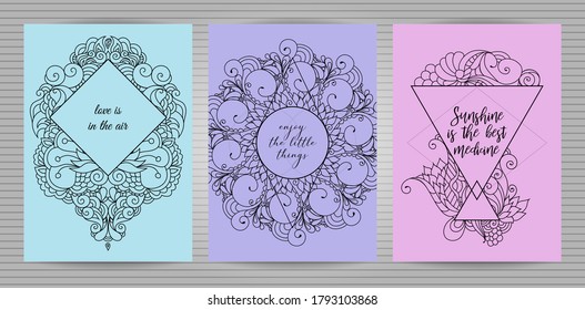 Set of zentangle inspired oriental vector boho postcards with doodle ornaments and inspiring quotes.  