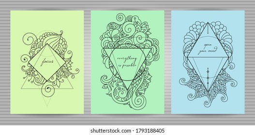 Set of zentangle inspired oriental vector boho postcards with doodle ornaments and inspiring quotes.  