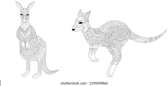 Set of zentangle kangaroos for printing and adult coloring book page, Vector illustration