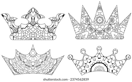 Set of Zentangle stylized crowns for coloring. Hand Drawn lace vector illustration