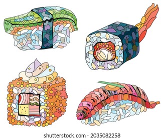 Set of zentangle Sushi. Hand drawn decorative vector illustration