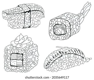 Set of zentangle Sushi. Hand drawn decorative vector illustration for coloring