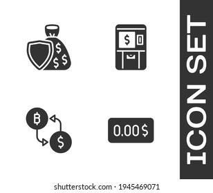 Set Zero cost, Shield and money bag, Cryptocurrency exchange and ATM icon. Vector