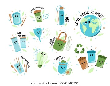 Set of Zero Waste cartoon stickers. Cute baby zero waste set. Educational material for kids. Eco friendly labels set. 