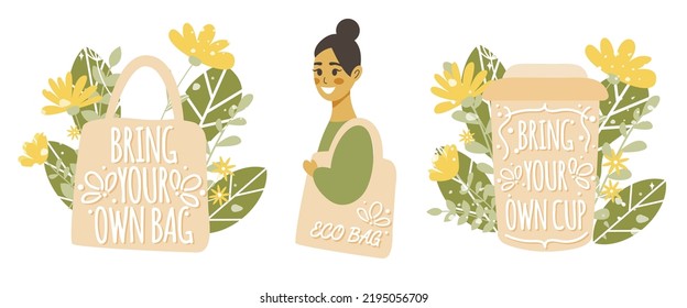 Set of zero waste concept illustrations - Smiling girl with eco shopping bag. Bring your own cup vector with reusable coffee cup, flowers and leaves. Bring your own bag flat cartoon illustration