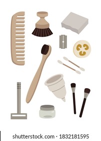 Conjunto de productos cosméticos de basura cero reutilizables: taza menstrual, afeitadora, peine, cepillo de dientes, jabón, palos de oreja, frasco, cepillo y un paño de lava. Ilustración vectorial plana dibujada a mano aislada en fondo blanco.
