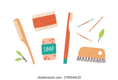 Set of Zero Waste durable and reusable hygiene items vector flat illustration. Collection of various eco friendly elements for care isolated. Wooden dish brush, comb, toothbrush, soap and cotton buds