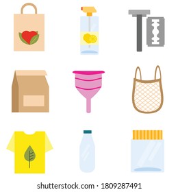Set of Zero Waste durable and reusable items or products - glass jars, eco grocery bags, menstrual cup, Flat vector illustration.

