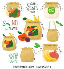 Set Zero waste from eco bags or pouches in cartoon flat style. Say NO to plastic. Save the planet. Vector isolates on a white background. Handwritten lettering.