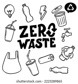 Conjunto de elementos de ilustración de Zero Waste and Eco y letras manuscritas.