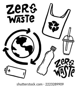 Set of Zero Waste and Eco illustration elements and handwritten letters.