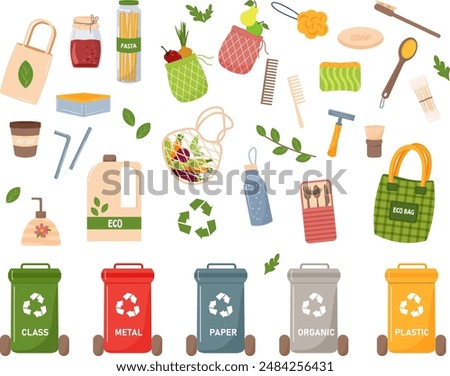 Set of zero waste eco items. Containers for sorting waste. Natural washcloths, eco-friendly bags and string bags. Eco laundry detergents. Lunch box and glass jars and bottles. Illustration in flat
