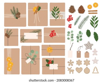 Set of zero waste, eco-friendly packaging gifts. Wrapping present boxes with kraft paper, pine branches, twine ribbon, dry orange, wood toys. Christmas box creator. Hand drawn vector illustration