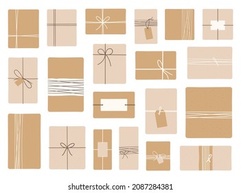 Set of zero waste, eco-friendly packaging gifts. Wrapping present boxes with kraft paper and twine ribbon and decorative crafting paper. Eco decor in pastel colors. Hand drawn vector illustration 