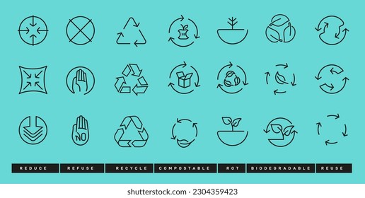 Set of Zero waste. Ecology banner. Recycle, Rot, Refuse, Biodegradable, Compostable, Reuse, Reduce. Zero waste. Conscious consumption. Neo mint. vector illustration. Isolated on white background.