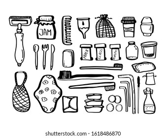 Set zero waste ecology doodles isolated on white background. Vector outline illustration.Garbage separation.Razor,comb,cutlery,can,toothbrush,reusable gasket,menstrual cup,iron tube,eco bag.Recycling.