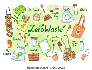 Set of zero waste elements and lettering. Zero waste doodles no plastic, garbage sorting campaign symbols stickers, icons pack. Go green, eco style, save the planet, eco bags, disposable containers