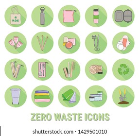Set of Zero Waste icons. No Plastic, Eco lifestyle and Go Green concept. Hand drawn vector illustration
