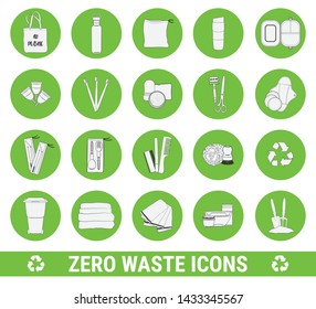 Set of Zero Waste icons. No Plastic, Eco lifestyle and Go Green concept. Hand drawn vector illustration