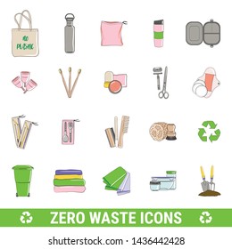 Set of Zero Waste icons. No Plastic, Eco lifestyle and Go Green concept. Hand drawn vector illustration