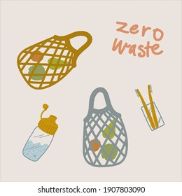 Un conjunto de ilustraciones de basura cero. Ilustración conceptual de la vida sin plástico, reciclado, verde hacia adelante. Bolsa de compras, cepillos de dientes, botella de agua. Postal ecológica para el Día de la Tierra. Ilustración del vector