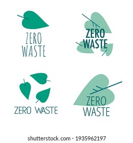 Set of zero waste logotypes isolated on white background. Linear icon eco friendly labels with green leaves. 
