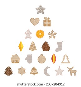 Set of zero waste, nature Christmas toys in tree shape. Wood, paper, textile eco toys, gingerbread, pine cone, dry orange. Plastic free winter holidays.  Hand drawn vector illustration