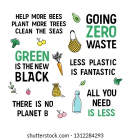 Set of zero waste quotes and elements. Less plastic. Vector hand drawn illustration. 