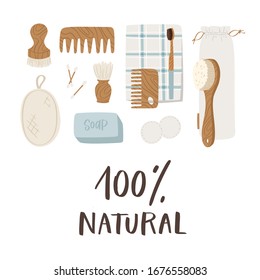 Set of Zero Waste recycle and reusable products for bathroom - eco textile bag, wooden objects, comb, toothbrush and brushes, sponge, pads. Eco lifestyle objects for home. Durable vector collection