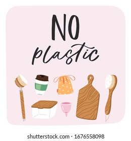 Set of Zero Waste recycle and reusable products with lettering quote. Go green, eco style, no plastic, save the planet objects for home, shopping and cosmetics. Durable vector postcard, print, card 