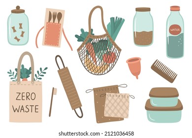 Set of Zero Waste recycle and reusable products. Hand drawn cute elements: glass jar, wooden comb, fabric bag, bamboo toothbrush. Save the planet, Go green, No plastic. Vector illustration