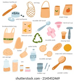 Set of zero waste recycle and reusable products in cartoon flat style. Vector illustration of green, eco friendly objects and accessories for home, self care, personal hygiene, shopping