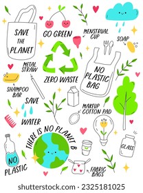 Set of zero waste recycle and reusable products with lettering quotes. Go green, eco style, no plastic, save the planet objects for home, shopping and cosmetics.