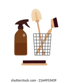 Set of zero waste reusable cleaner tools. Glass spray bottle, cleaning brushes, basket. Hand-drawn ecological lifestyle flat vector illustration isolated on white.