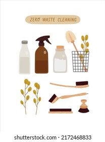 Set of zero waste reusable cleaner tools with lettering. Baking soda, glass jar with vinegar, glass spray bottle, cleaning brushes, basket, dish brush, cleaning brushes, eucalyptus branches. 