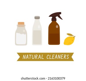 Set of zero waste reusable glass jars with natural cleaners. Vinegar, baking soda, lemon. Hand-drawn reusable containers with hand lettering. Ecological lifestyle colored flat vector illustration. 