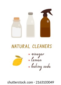 Set of zero waste reusable glass jars with natural cleaners. Vinegar, baking soda, lemon. Hand-drawn reusable containers with a hand lettering list. Ecological lifestyle flat vector illustration. 