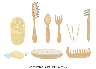 Poner a cero residuos de artículos de higiene reutilizables vectores de ilustración plana. Colección de elementos ecológicos para cuidados aislados. Brocha de vajilla de madera, peine, esponja de loofah, cepillo de dientes, jabón. Accesorios de baño ecológico