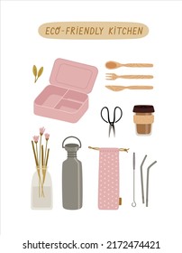 Set of zero waste reusable kitchen products with lettering. Lunch box, bamboo cutlery set, scissors, reusable coffee cup, reusable water bottle, metal straws, brush for cleaning, cotton bag, vase. 