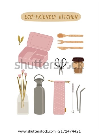 Set of zero waste reusable kitchen products with lettering. Lunch box, bamboo cutlery set, scissors, reusable coffee cup, reusable water bottle, metal straws, brush for cleaning, cotton bag, vase. 