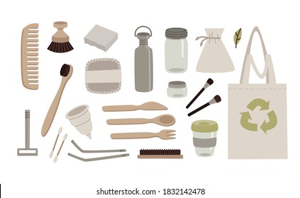 Set of zero waste reusable products: eco-bags, glass, storage containers, brush, fork, spoon and knife, menstrual cup, razor, comb, toothbrush, soup, tubes, and a washcloth. Flat vector illustration.