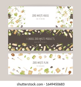 Set of Zero Waste Vector Concept illustration in Minimalism Style, with Reusable and Recycle Zero Waste products - Beauty, Kitchen, personal care and hygiene for ecology friendly advertising