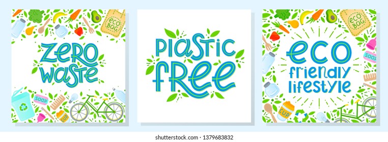 Set of zero waste vector illustrations with lettering.Healthy lifestyle principals.Perfect for prints,flyers,banners,eco posters,covers,typography design and more.Live green, go to zero waste.