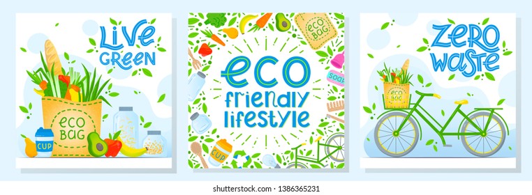 Set of zero waste vector illustrations with lettering.Healthy lifestyle principals.Perfect for prints,flyers,banners,eco posters,covers,typography design and more.Live green, go to zero waste.