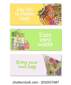 Set of zero waste wide banners with bags, meshes, vegetables and fruits. Concept of zero waste store. Eco-friendly sustainable lifestyle. No plastic banner. Hand drawn vector illustration.