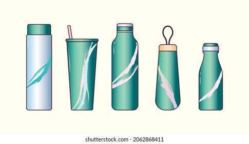 Set of zero-waste water Bottle and tumbler in illustration vector flat design